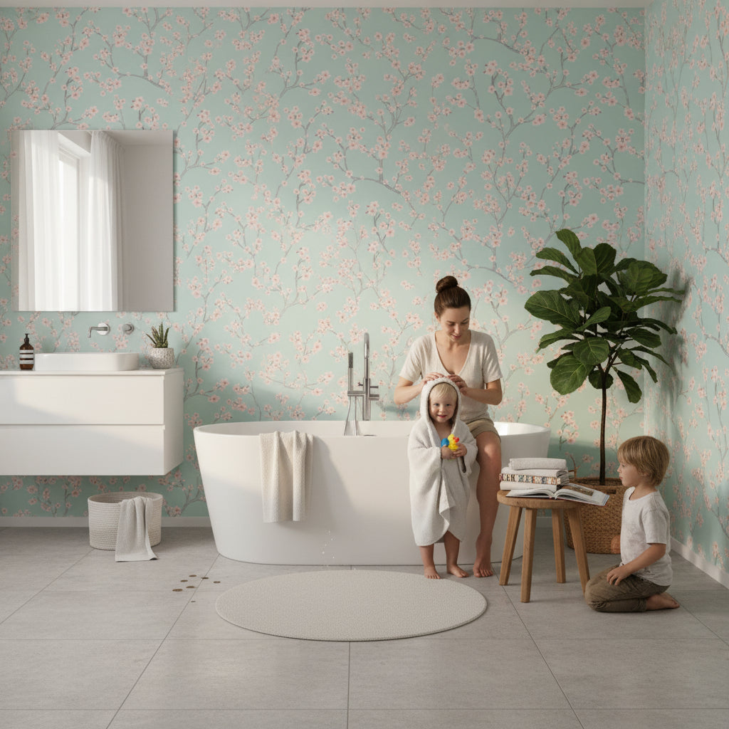 Kiraz Çiçeği Dal Desenli Duvar Kağıdı Mint Yeşil Banyo