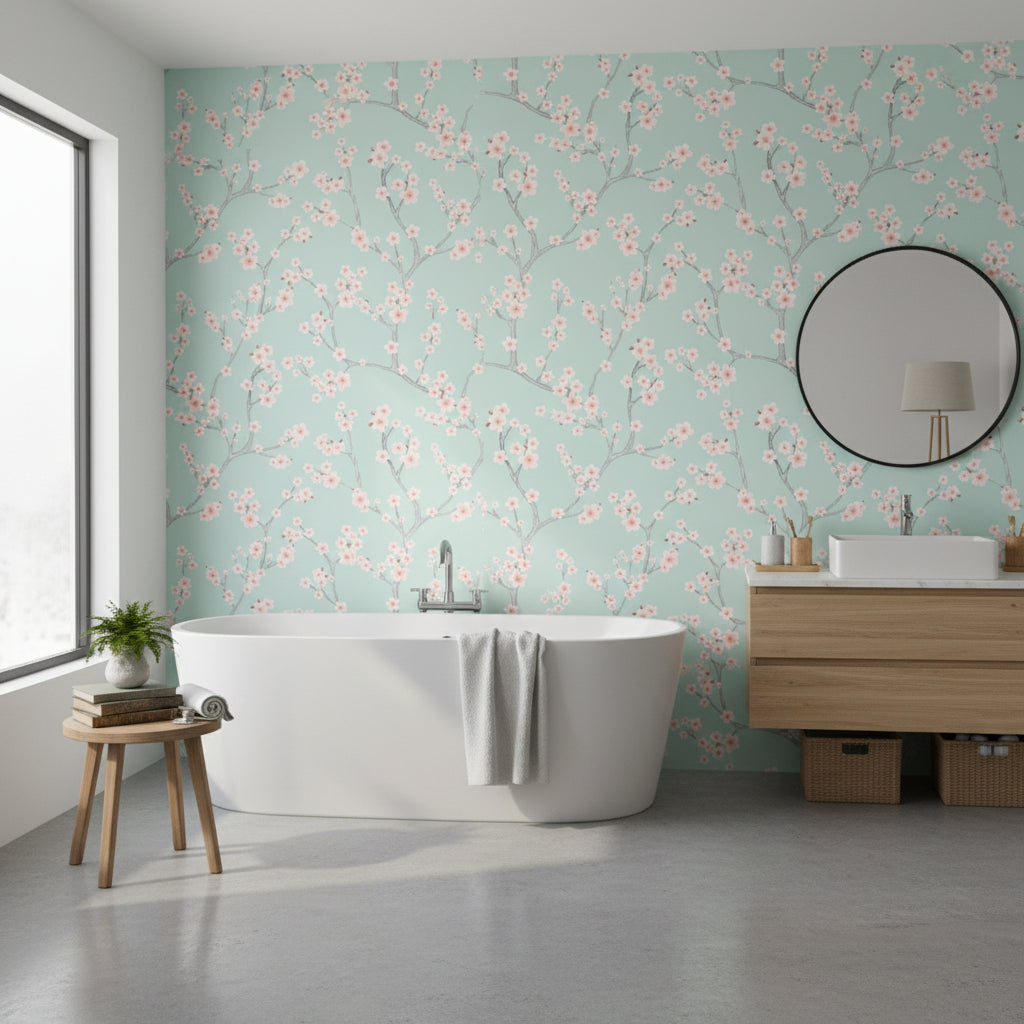 Kiraz Çiçeği Dal Desenli Duvar Kağıdı Mint Yeşil Banyo
