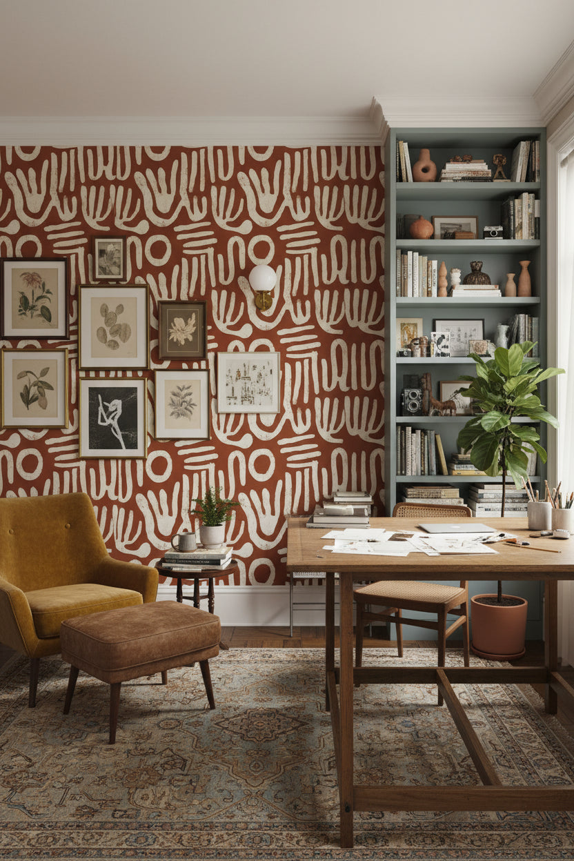 Soyut El İzli Duvar Kağıdı Kiremit Beyaz Salon Deseni