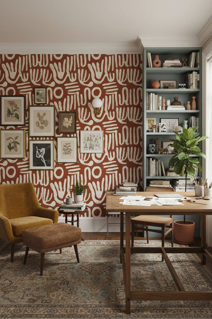 Soyut El İzli Duvar Kağıdı Kiremit Beyaz Salon Deseni