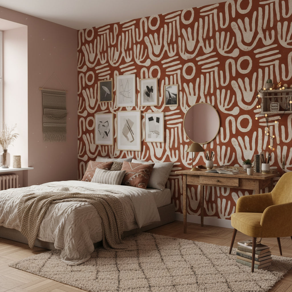 Soyut El İzli Duvar Kağıdı Kiremit Beyaz Salon Deseni