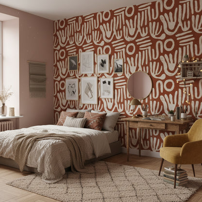 Soyut El İzli Duvar Kağıdı Kiremit Beyaz Salon Deseni