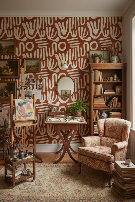 Soyut El İzli Duvar Kağıdı Kiremit Beyaz Salon Deseni