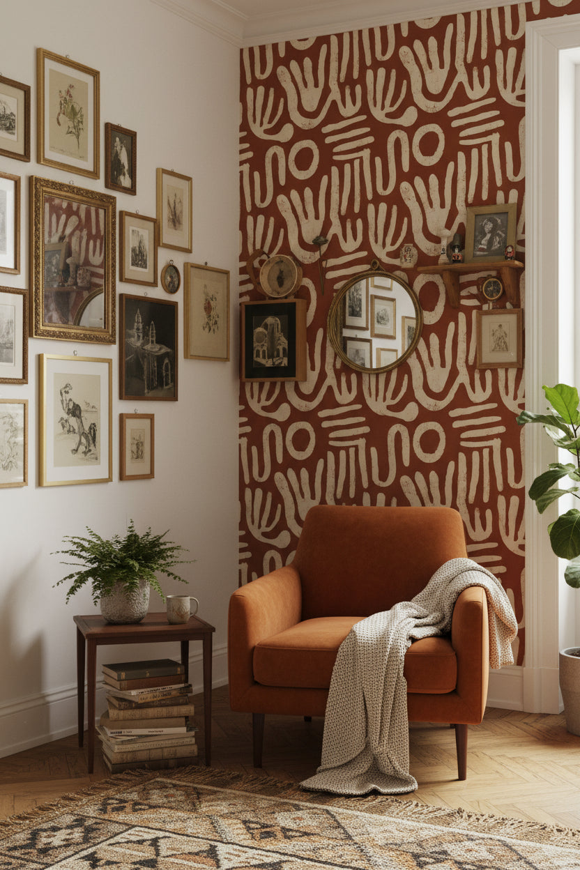 Soyut El İzli Duvar Kağıdı Kiremit Beyaz Salon Deseni