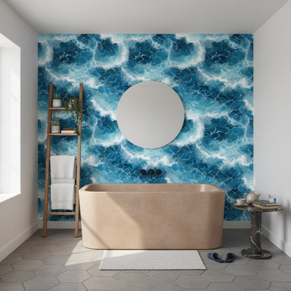 Mavi Dalga Desenli Duvar Kağıdı Banyo Dekoru