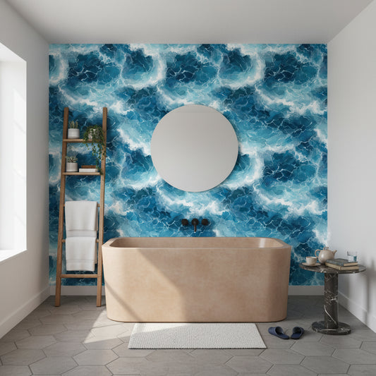 Mavi Dalga Desenli Duvar Kağıdı Banyo Dekoru