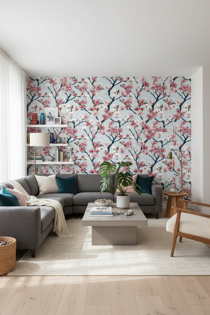 Sakura Çiçekli Duvar Kağıdı Pembe Beyaz Salon