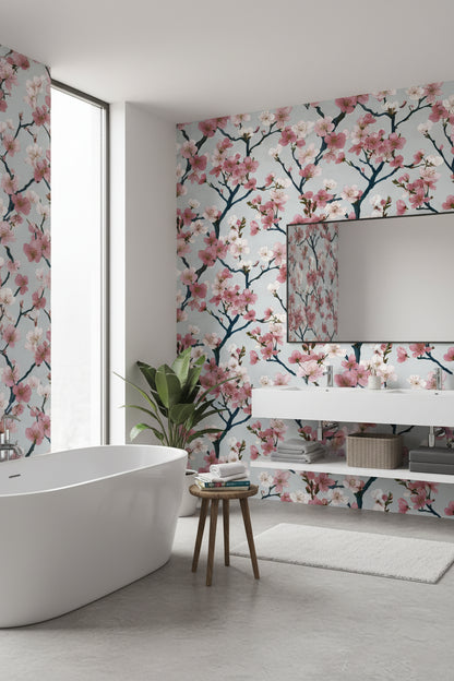 Sakura Çiçekli Duvar Kağıdı Pembe Beyaz Salon