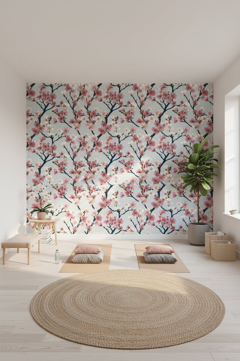 Sakura Çiçekli Duvar Kağıdı Pembe Beyaz Salon