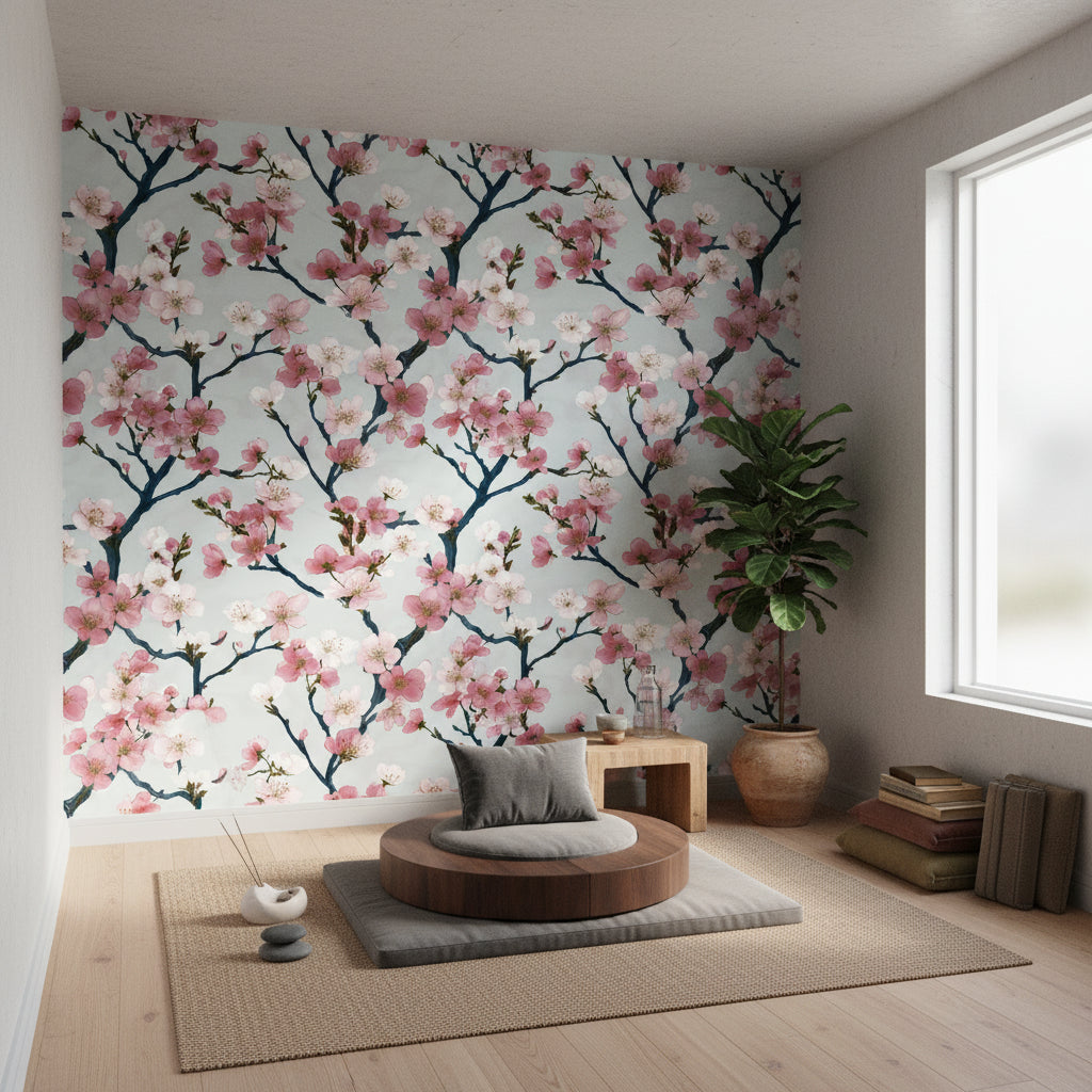Sakura Çiçekli Duvar Kağıdı Pembe Beyaz Salon