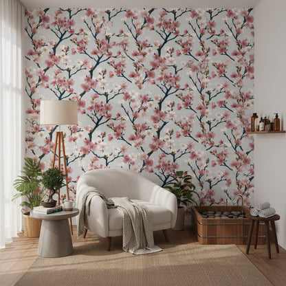 Sakura Çiçekli Duvar Kağıdı Pembe Beyaz Salon