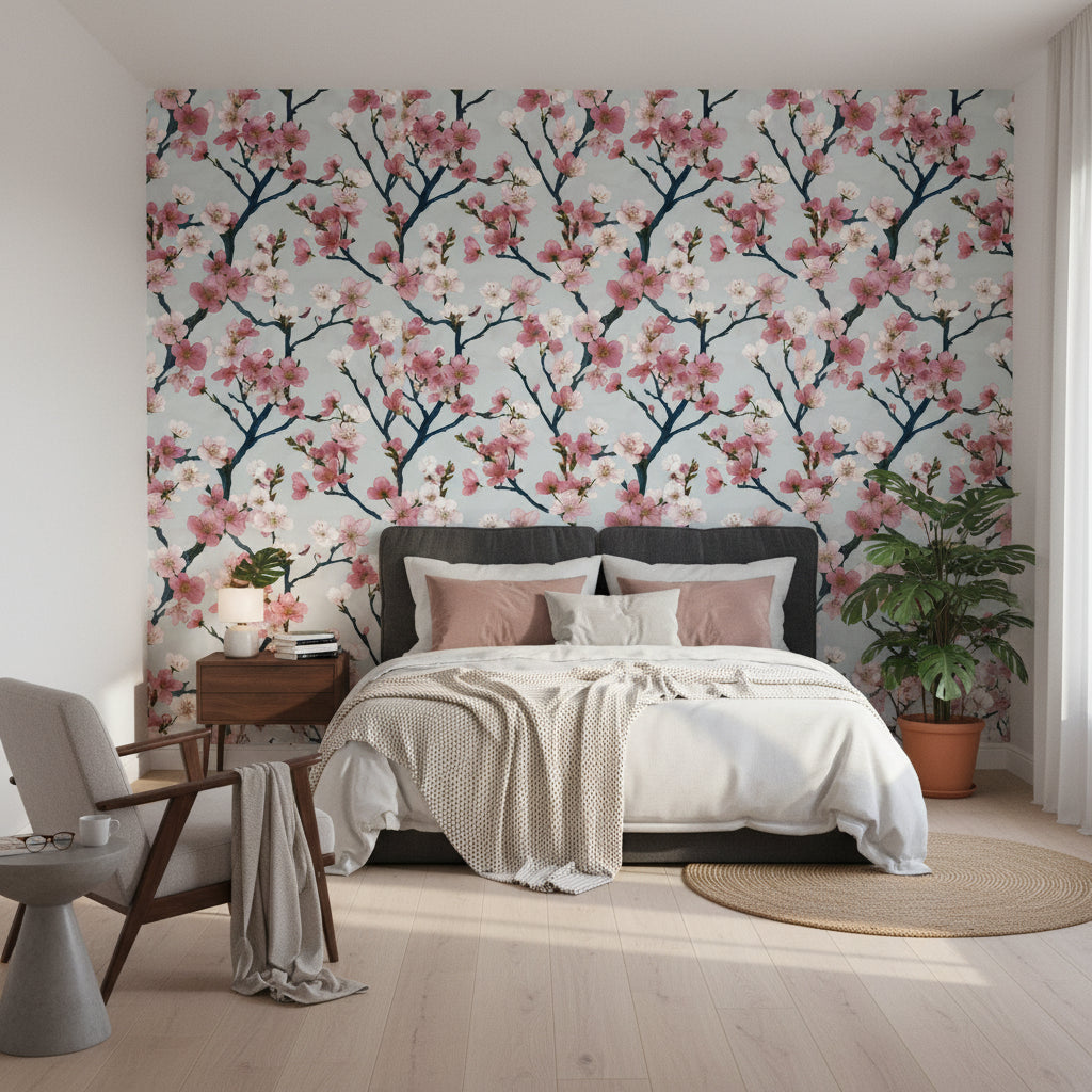 Sakura Çiçekli Duvar Kağıdı Pembe Beyaz Salon