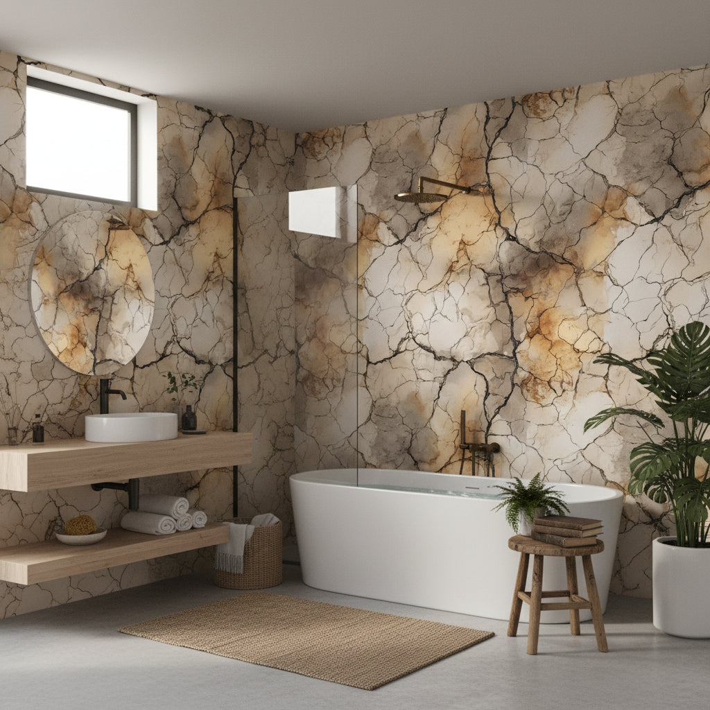 Bej Mermer Desenli Duvar Kağıdı Modern Banyo Duvar Dekoru