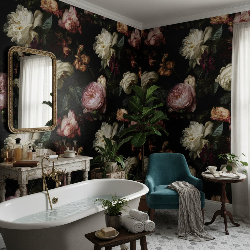 Koyu Zeminli Gül Desenli Duvar Kağıdı Banyo Dekoru