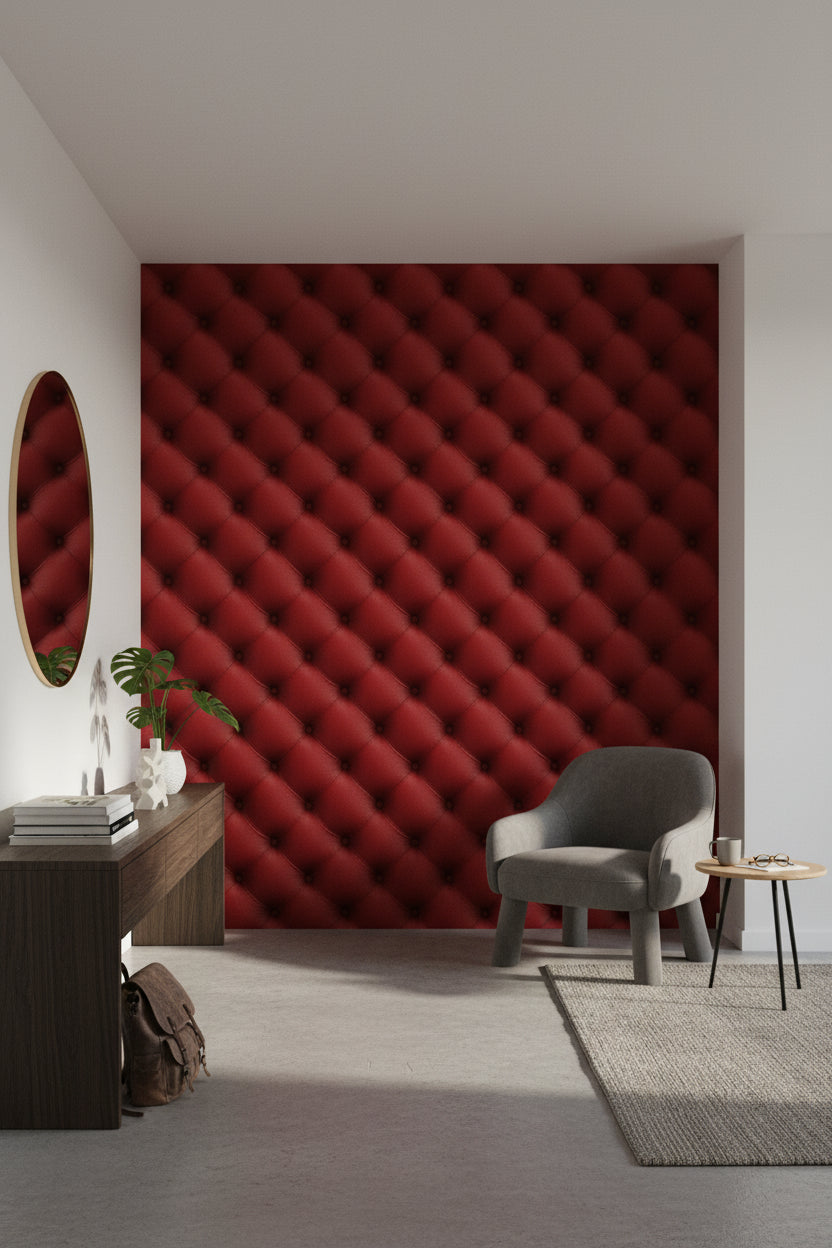 Kapitoneli Deri Desenli Duvar Kağıdı Bordo Banyo
