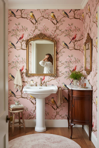 Çiçekli Kuş Desenli Duvar Kağıdı Pembe Vintage Banyo