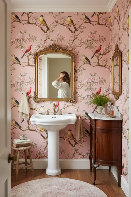 Çiçekli Kuş Desenli Duvar Kağıdı Pembe Vintage Banyo