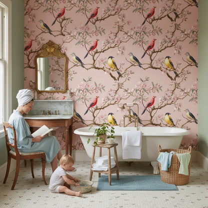 Çiçekli Kuş Desenli Duvar Kağıdı Pembe Vintage Banyo