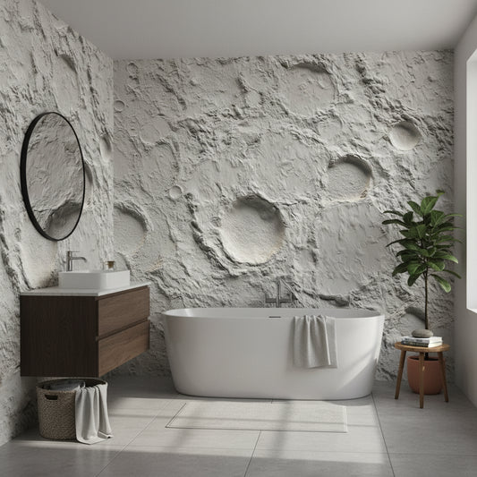 Ay Krateri Desenli 3D Duvar Kağıdı Gri Banyo Duvarı