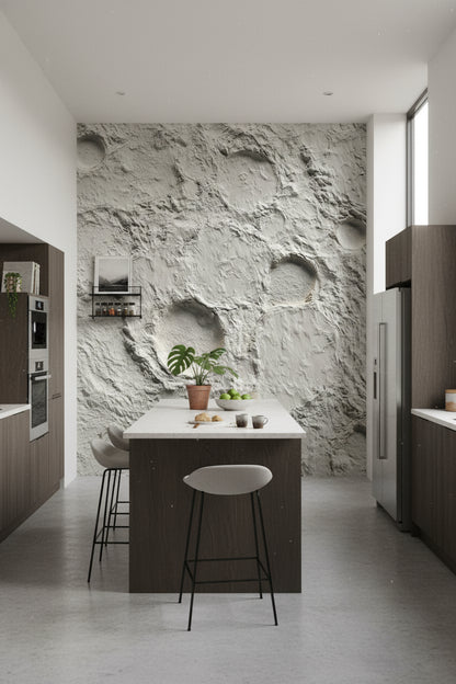 Ay Krateri Desenli 3D Duvar Kağıdı Gri Banyo Duvarı
