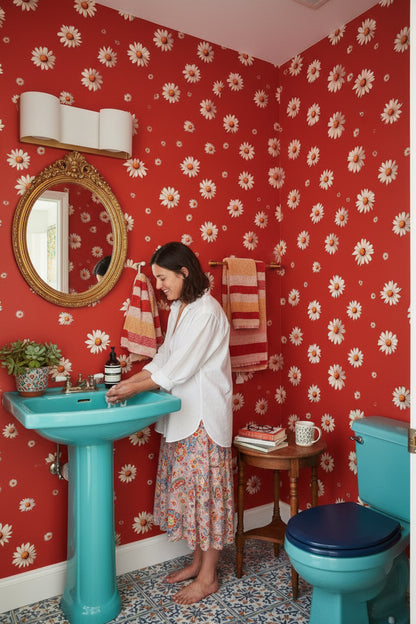 Kırmızı Papatyalı Duvar Kağıdı Retro Çiçek Desenli Banyo