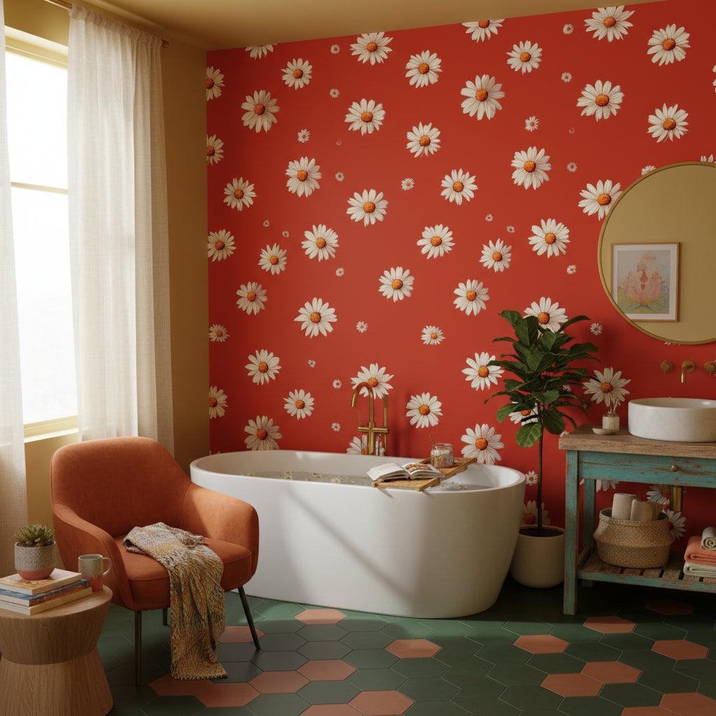 Kırmızı Papatyalı Duvar Kağıdı Retro Çiçek Desenli Banyo