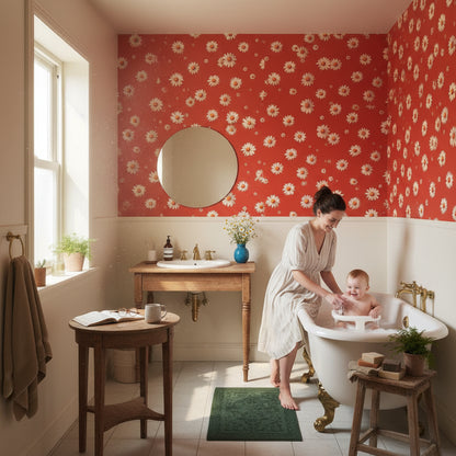 Kırmızı Papatyalı Duvar Kağıdı Retro Çiçek Desenli Banyo