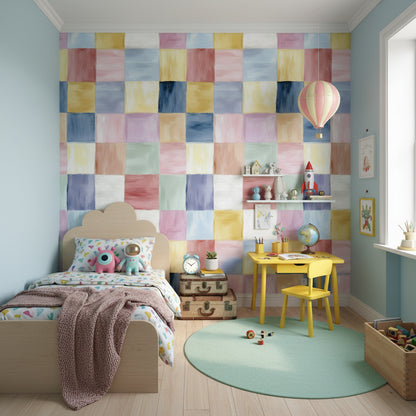 Pastel Kareli Duvar Kağıdı Renkli Modern Yatak Odası