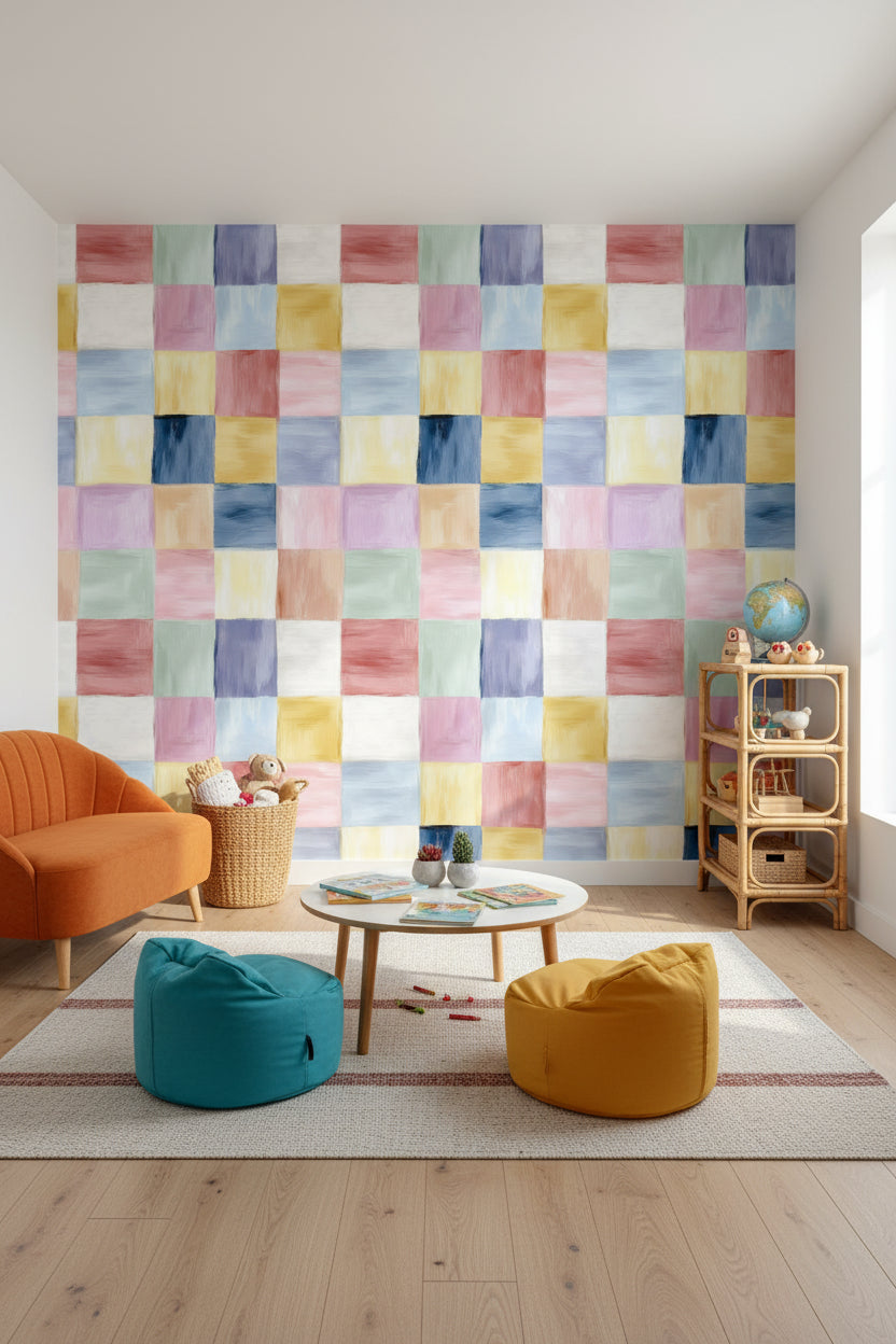 Pastel Kareli Duvar Kağıdı Renkli Modern Yatak Odası