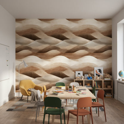 Soyut Dalga Desenli Duvar Kağıdı Bej Kahve Modern Salon