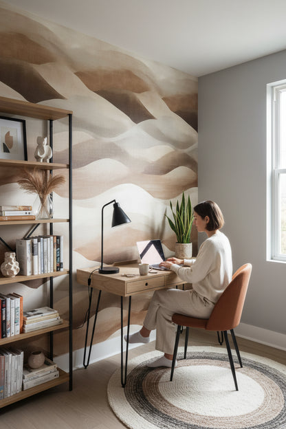Soyut Dalga Desenli Duvar Kağıdı Bej Kahve Modern Salon