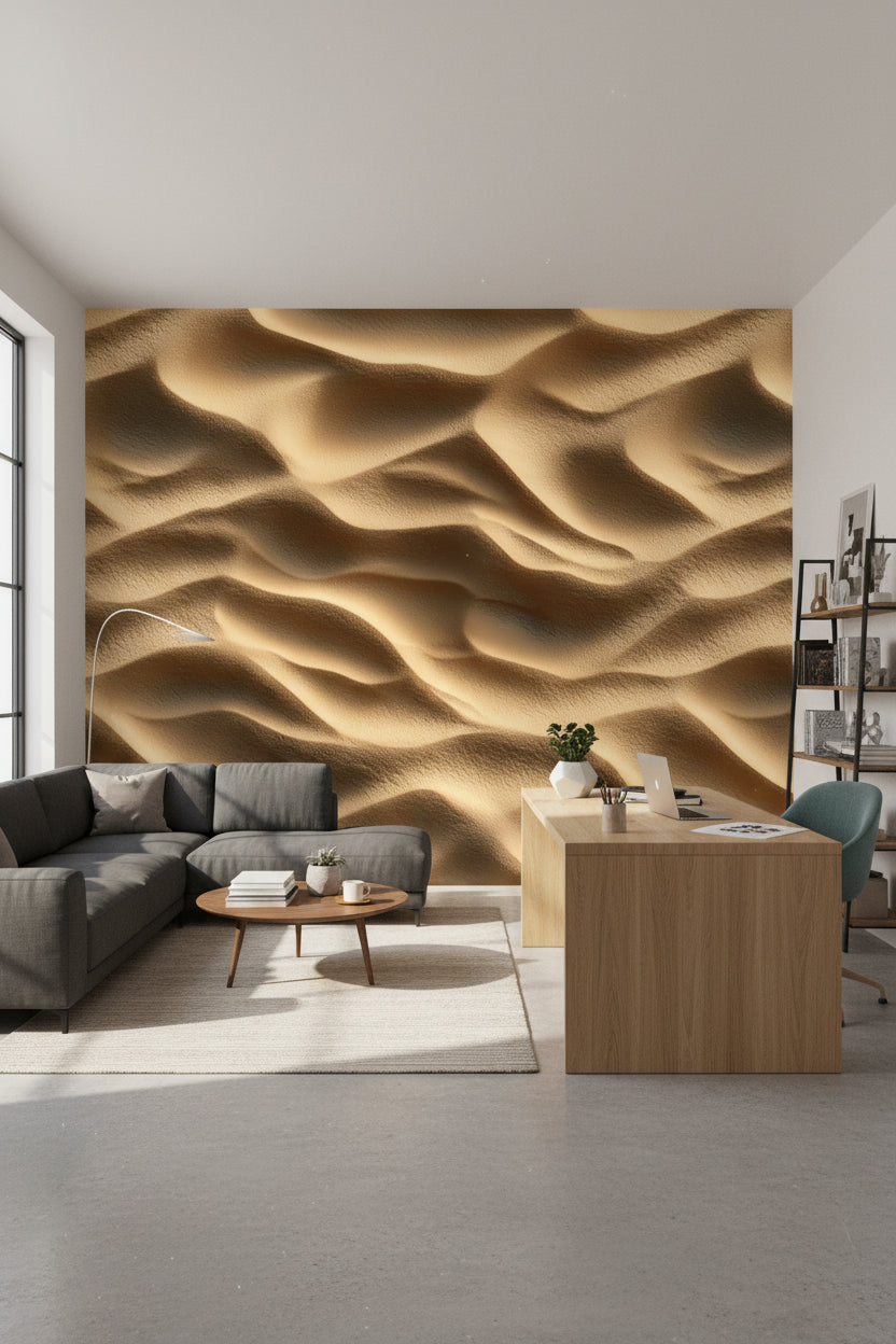 Kum Tepesi Desenli 3D Duvar Kağıdı Bej Yatak Odası