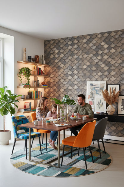 Balık Pulu Desenli Duvar Kağıdı Gri Bej Modern Salon