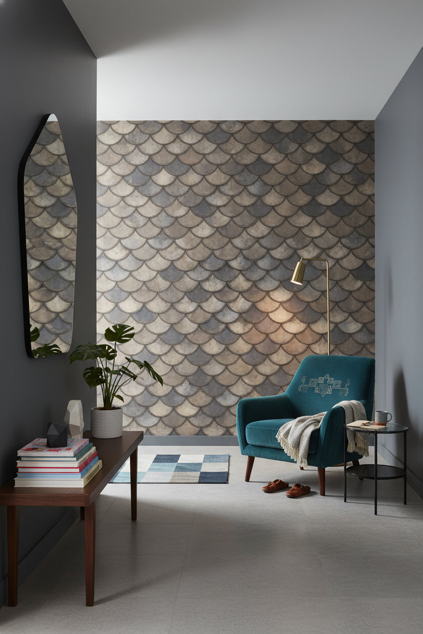 Balık Pulu Desenli Duvar Kağıdı Gri Bej Modern Salon