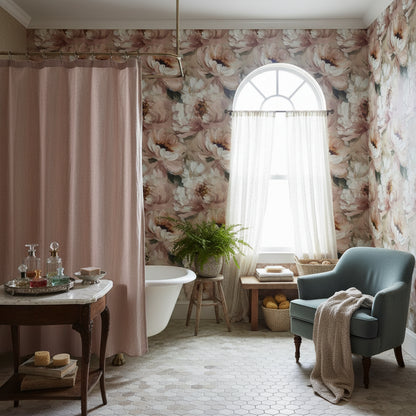 Vintage Çiçekli Duvar Kağıdı Pudra Ton Banyo Dekoru