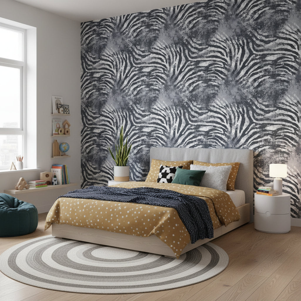 Zebra Desenli Duvar Kağıdı Siyah Beyaz Modern Salon