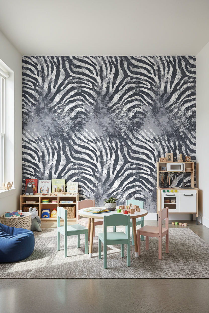 Zebra Desenli Duvar Kağıdı Siyah Beyaz Modern Salon