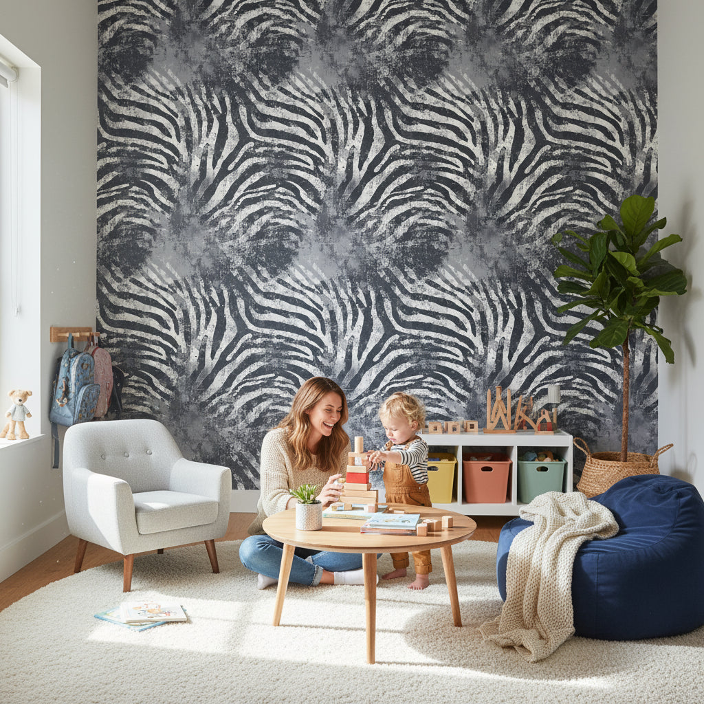 Zebra Desenli Duvar Kağıdı Siyah Beyaz Modern Salon
