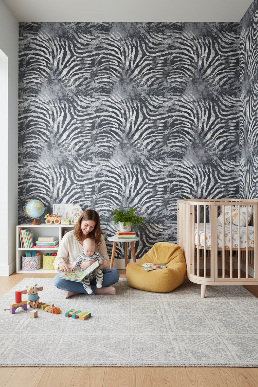 Zebra Desenli Duvar Kağıdı Siyah Beyaz Modern Salon
