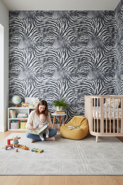 Zebra Desenli Duvar Kağıdı Siyah Beyaz Modern Salon