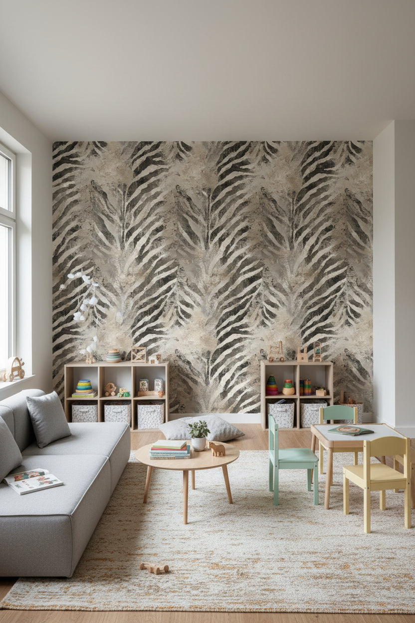 Zebra Desenli Duvar Kağıdı Bej Siyah Yatak Odası