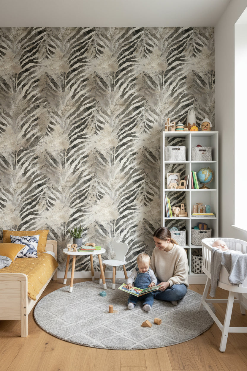 Zebra Desenli Duvar Kağıdı Bej Siyah Yatak Odası