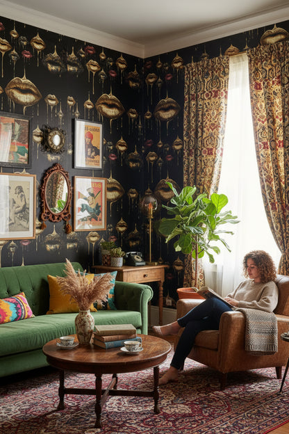Siyah Zeminli Altın Dudak Desenli Duvar Kağıdı Salon