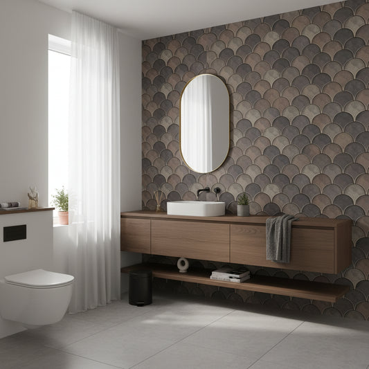 Art Deco Yelpaze Desenli Duvar Kağıdı Gri Banyo Duvar