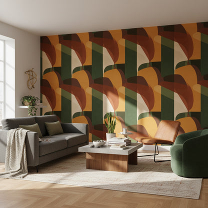 Soyut Geometrik Duvar Kağıdı Yeşil Hardal Tonlu Salon