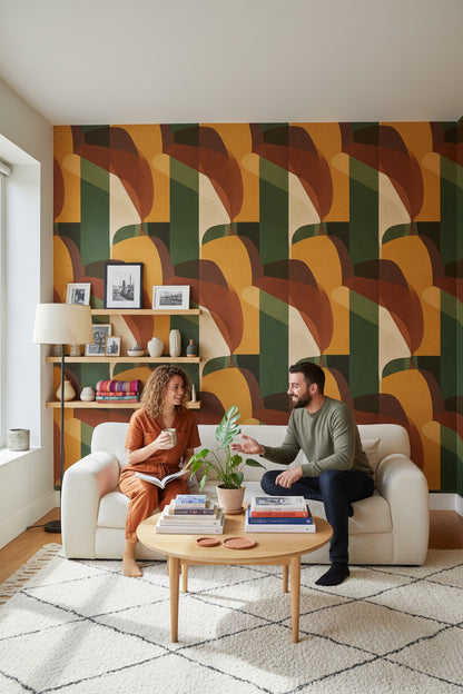 Soyut Geometrik Duvar Kağıdı Yeşil Hardal Tonlu Salon