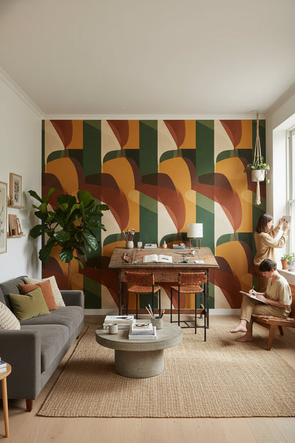 Soyut Geometrik Duvar Kağıdı Yeşil Hardal Tonlu Salon