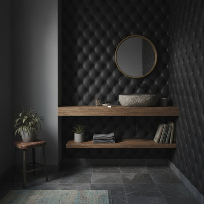 Siyah Kapitone Deri Görünümlü Duvar Kağıdı Modern Banyo Duvarı