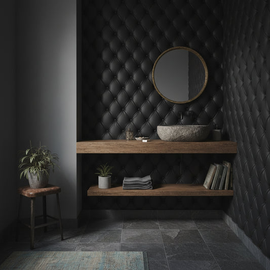 Siyah Kapitone Deri Görünümlü Duvar Kağıdı Modern Banyo Duvarı