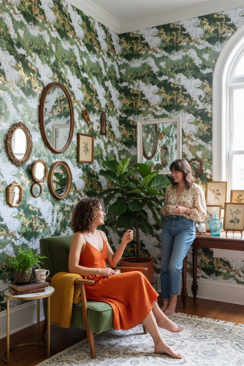 Soyut Bulut Desenli Duvar Kağıdı Yeşil Beyaz Salon